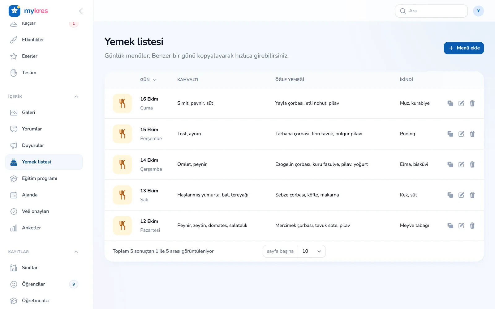 MyKres yemek listesi